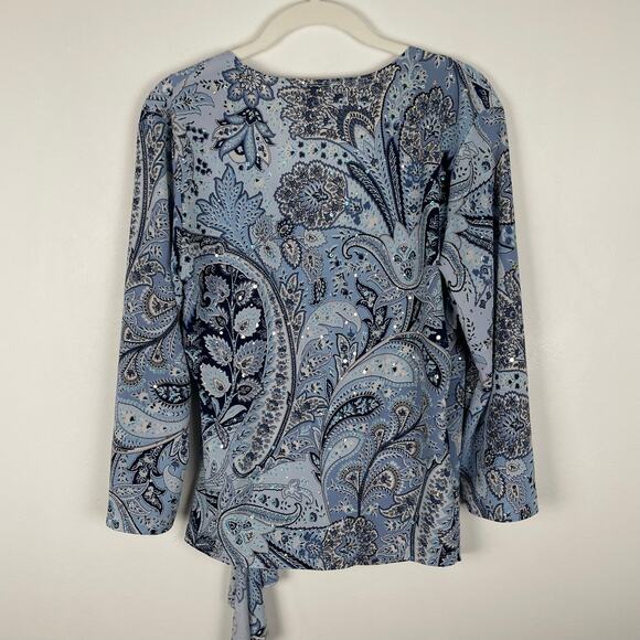 y2k Brittany Black Bedazzled Paisley Wrap Top Size L Blue Hippie Retro Stretchy - Picture 2 of 12